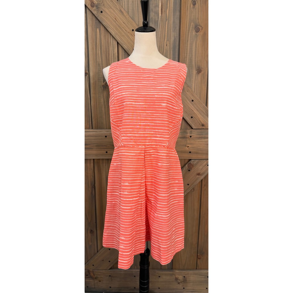 Gap Women Coral Orange White Striped Linen‎ Blend Sleeveless Flare Dress Size 14